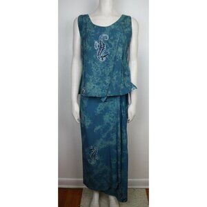 BLUE WRAP SKIRT W/ TANK TOP - SEA HORSE - BATIK - WIND RIVER TRADING CO - SIZE S